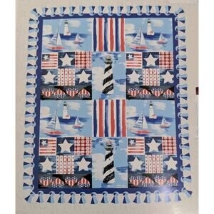 No Sew Throw Fleece Blanket Kit PATRIOTIC Boat Ship Lighthouse Nautical NEW